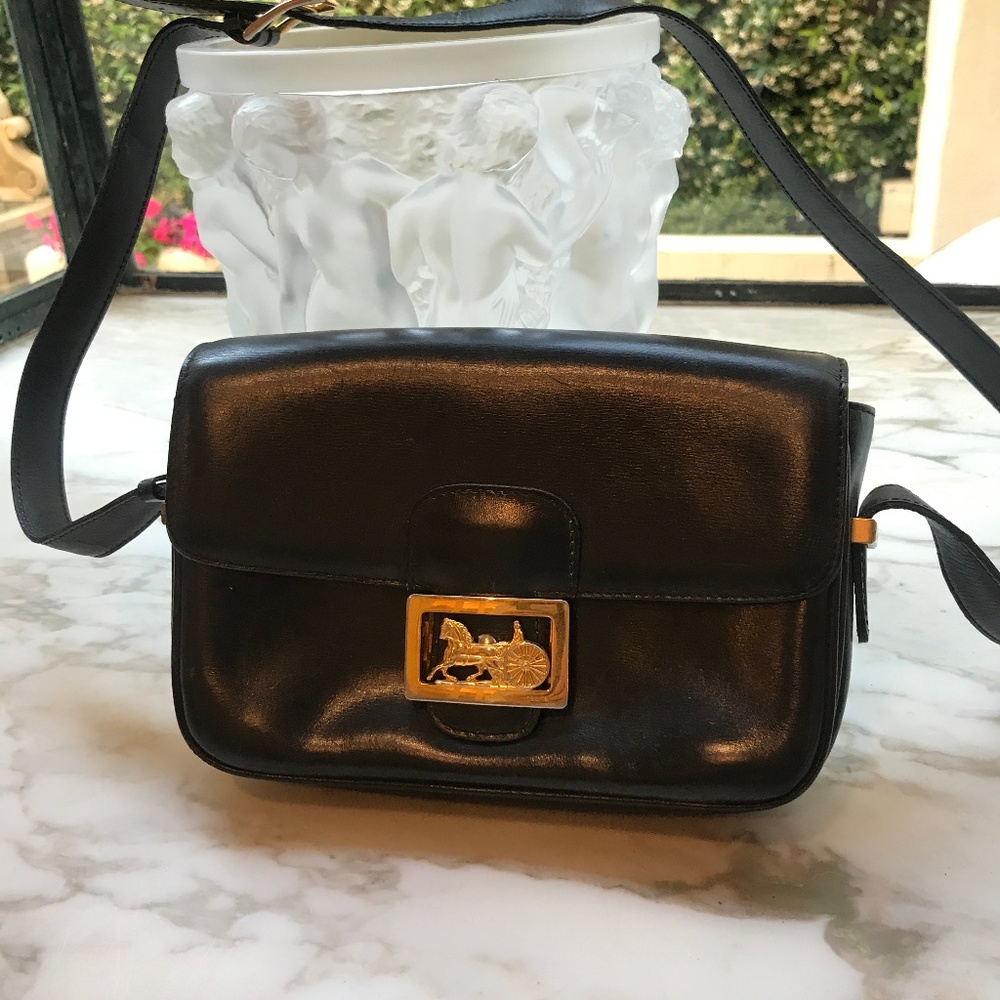 Auth Vintage Celine Black Gold Clasp Buckle Strap